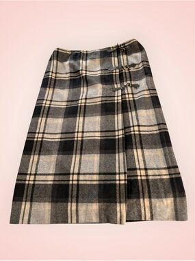 Jones Wear Plaid Wool-Blend Midi Skirt in Black and Gray sz 14